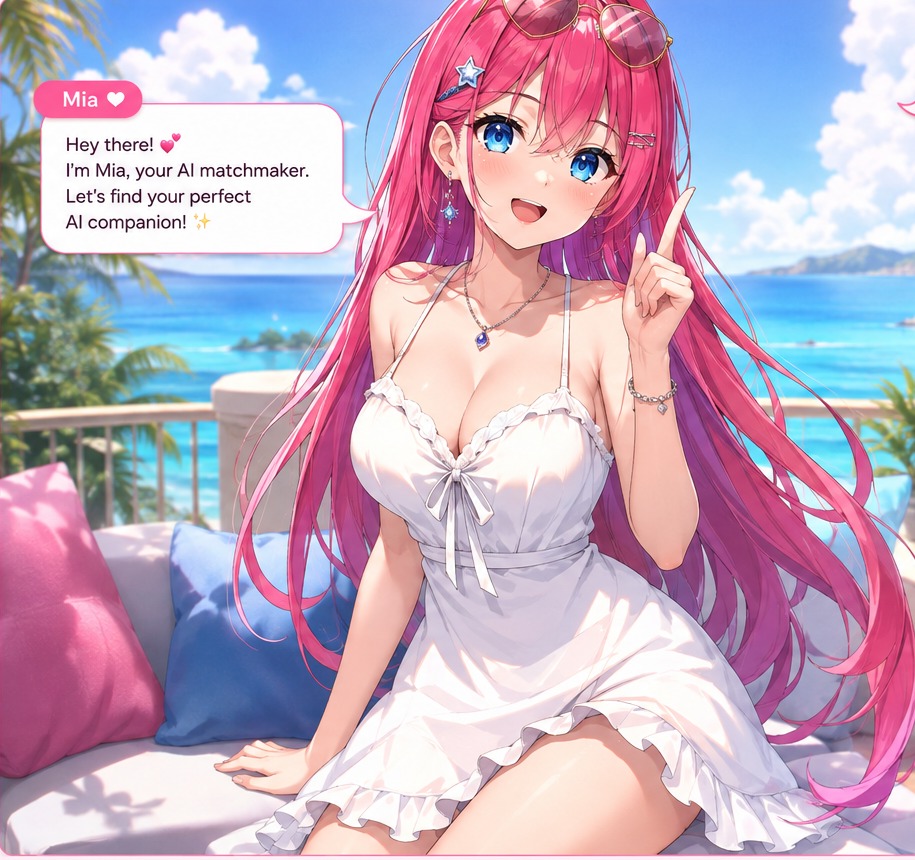 Mia, the anime-style Girlfriend Review matchmaker, on a sunny seaside balcony